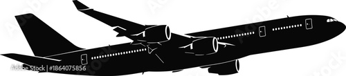 Commercial passenger airplane silhouette vector illustration, modern wide body jet aircraft side view, black aviation icon isolated on white background