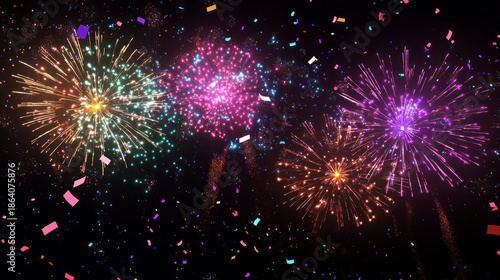 Colorful fireworks exploding against a dark night sky with confetti