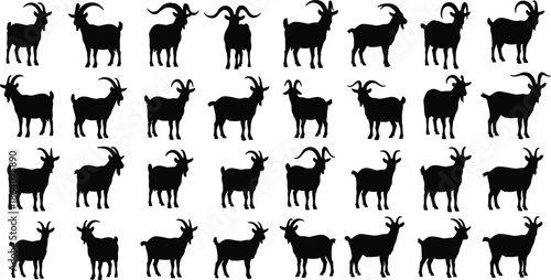 Goat silhouettes collection vector illustration featuring multiple farm animal poses isolated on white background rural livestock design set