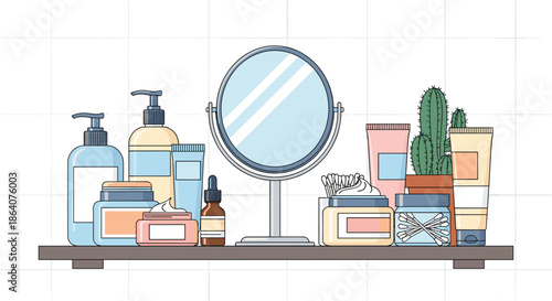 Organized skincare and beauty product collection including lotions, jars, and oils on a vanity shelf with a mirror decor.