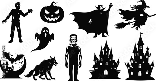 Halloween spooky silhouettes set, witch vampire zombie ghost pumpkin castle wolf characters, scary horror elements collection, isolated black vector illustration