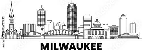 Milwaukee city skyline line art illustration, Wisconsin urban landmarks panorama with modern buildings and bridges, clean outline vector design for travel branding
