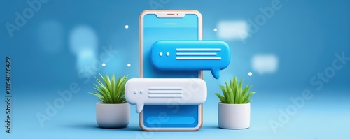 Chat bot service concept. A modern smartphone displays chat bubbles with plants, symbolizing communication and connectivity in a vibrant, digital environment.