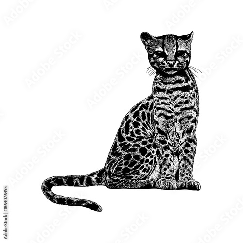 Margay, a rare wild cat, sitting gracefully with intricate fur patterns, isolated on a clean white background.