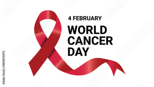 World Cancer Day awareness red ribbon symbol with typography for global cancer prevention, support, healthcare campaign and medical awareness poster