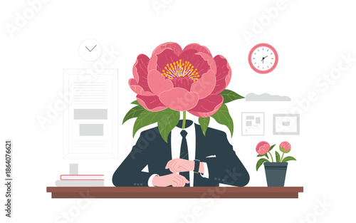 Businessman with flower head sitting at office desk in modern workspace