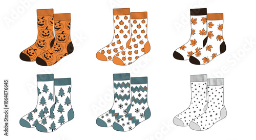 Set of six pairs of patterned socks with autumn and winter themes like pumpkins, maple leaves, and pine trees decor art.