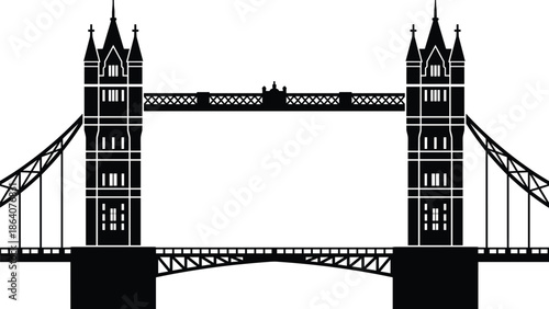 London Tower Bridge silhouette illustration showcasing iconic historic landmark architecture, famous British city symbol, travel destination design, minimalist black vector artwork.Web