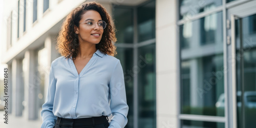 Businesswoman young woman african professional happy business office copy business office scene with young african businesswoman smart professional outfit looking happy with confident smile