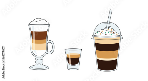 Three coffee beverages including a layered latte glass, an espresso shot, and a large frappe with whipped cream drink art.