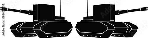 Military tank silhouette illustration showing armored combat vehicles in black isolated on white background, warfare defense concept vector artwork.Web