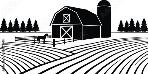 Minimalist black and white farm landscape illustration featuring barn, silo, rolling fields, rural countryside, agriculture concept, vintage engraving style artwork.Web