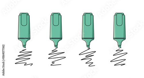 Four green highlighter markers drawing wavy lines on a white background for emphasizing text and office notes tools set.