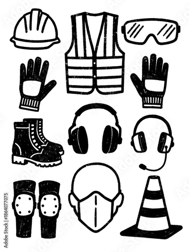 Hand drawn icons of personal protective equipment featuring hard hat, safety vest, goggles, work boots, and face mask, industrial safety gear doodle set on white background