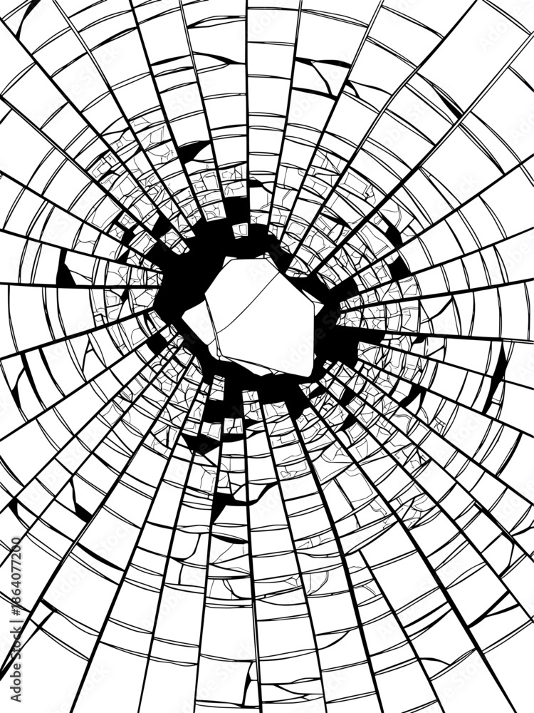 Obraz premium High contrast black and white shattered glass texture with a central impact hole and radiating cracks, perfect for abstract backgrounds, dramatic concepts, or crime scene themes