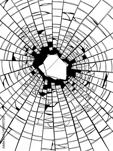 High contrast black and white shattered glass texture with a central impact hole and radiating cracks, perfect for abstract backgrounds, dramatic concepts, or crime scene themes