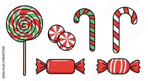 Festive assortment of Christmas candy including a swirl lollipop, candy canes, and wrapped hard sweets holiday set art.