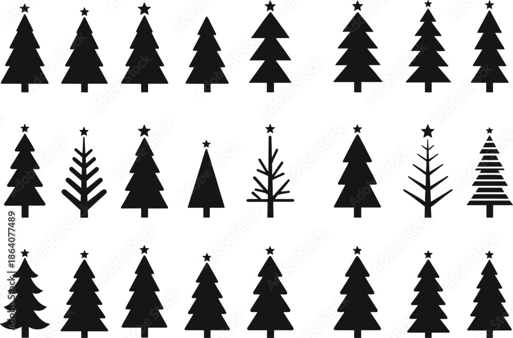 Obraz premium Christmas tree silhouette icon set vector illustration with multiple pine and fir tree shapes for winter holiday design