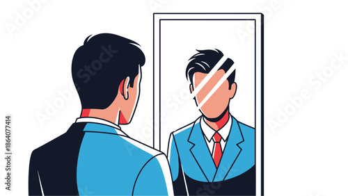 Man in suit looks at mirror with face partially hidden by white lines