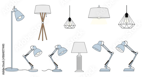 Selection of modern interior lighting fixtures including various styles of floor lamps, desk lamps, and pendant lights in a consistent blue color.