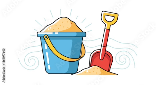 Classic beach toy set consisting of a blue bucket overflowing with golden sand and a red shovel placed against a background of gentle waves.