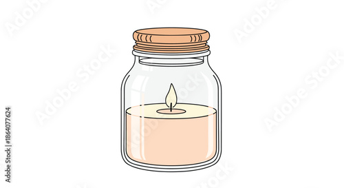 Elegant scented candle burning inside a clear glass mason jar with a natural wooden lid creating a cozy and relaxing atmosphere at home.