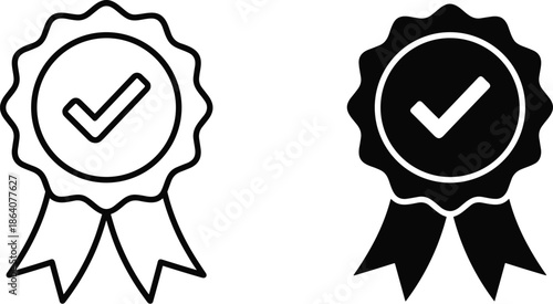 Quality assurance badge icons illustration with checkmark ribbons, certification approval symbols, guarantee and verification concept, minimalist black vector design.Web