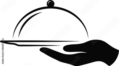 Restaurant serving tray in hand silhouette illustration symbolizing hospitality service, catering, food delivery, and professional waiter concept, minimalist black vector icon.Web