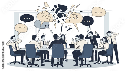 Illustrative depiction of a heated business meeting with speech bubbles shattering, symbolizing severe communication breakdown and intense disagreement among team members