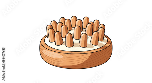 Ergonomic wooden scalp or body massager with numerous rounded pegs designed for stress relief, improved circulation, and physical wellness.