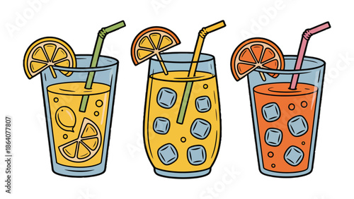Refreshing Citrus Coolers: Vibrant illustration of three glasses filled with refreshing citrus juice, adorned with slices of orange and lemon, accompanied by ice cubes and straws.