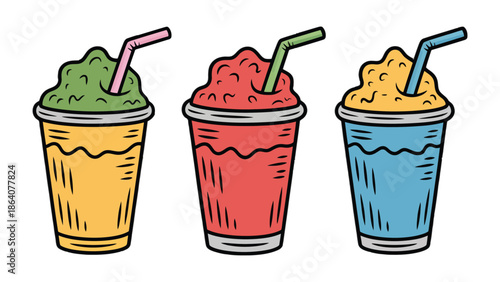 Cooling Trio: A refreshing visual of three vibrant, colorful blended drinks, each inviting with its unique flavors, ready to tantalize taste buds and offer a moment of pure refreshment.