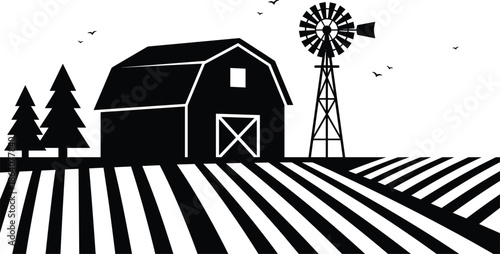 Rural farm landscape silhouette illustration with barn, windmill, trees, and cultivated fields, countryside agriculture scene, minimalist black vector artwork.Web