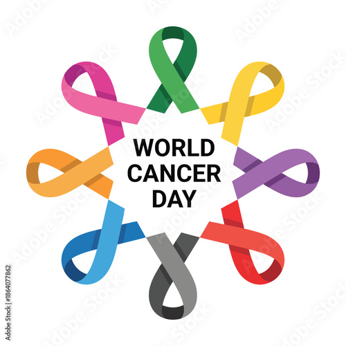 World Cancer Day awareness illustration with colorful cancer ribbons circle symbol representing unity, hope, diversity, support and global fight against cancer