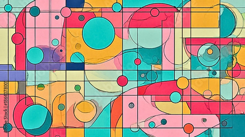 Abstract geometric background with colorful circles, grid lines and modern design