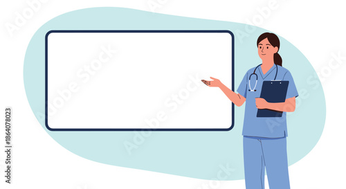 Professional female doctor in scrubs with a stethoscope pointing to a large blank white presentation board for medical and health information.