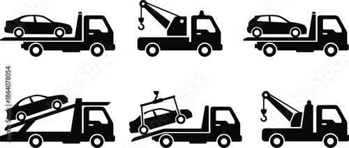 Tow truck service icon set illustration showing vehicle recovery, roadside assistance, and car transport operations, minimalist black vector design.Web
