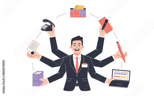 Multitasking businessman juggling multiple tasks with various office items