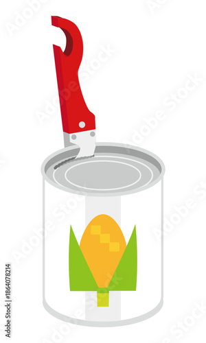 缶切りでトウモロコシの缶詰を開けるイラスト