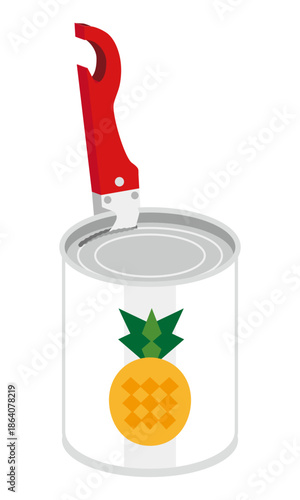 缶切りでパイナップルの缶詰を開けるイラスト