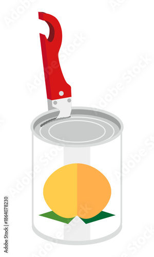 缶切りで黄桃の缶詰を開けるイラスト