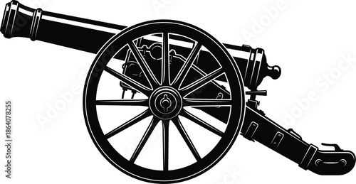Vintage cannon silhouette illustration depicting historical artillery weapon with wooden wheels, isolated black military equipment, antique warfare vector artwork.Web
