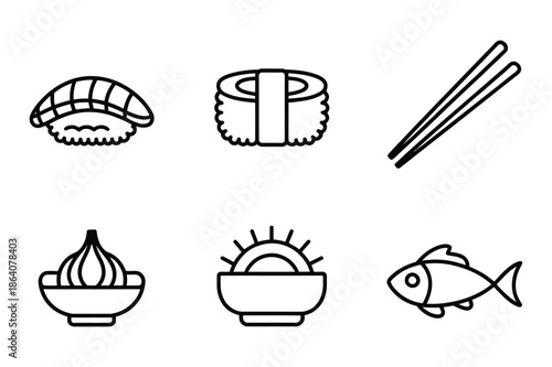Japanese Cuisine and Sushi Restaurant Outline Icons