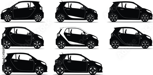 Compact car silhouette vector set, side view vehicle icons, black transport graphics, body and window variations, stock illustration for catalog