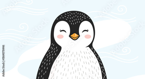 Close-up illustration of a happy penguin face with rosy cheeks against a soft blue background with stylized wind and snow patterns.