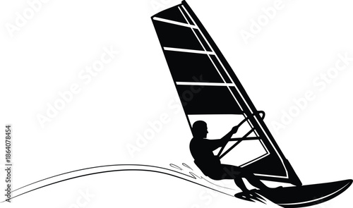 Windsurfing athlete silhouette illustration riding waves with sail, extreme water sport action, summer adventure and outdoor recreation vector artwork.Web