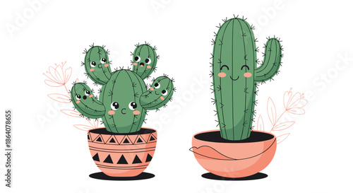 Two cute cartoon cacti with smiling faces in decorated pink pots, surrounded by delicate line art flowers and leaves in the background.