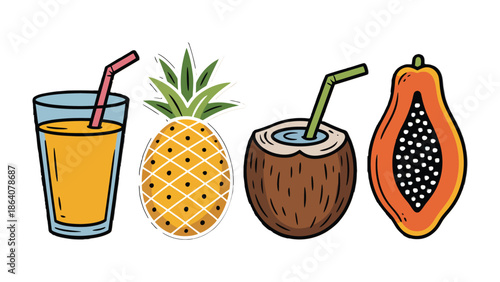 Tropical Refreshment Trio: A vibrant array of tropical delights – a refreshing glass of juice, a spiky pineapple, a cracked coconut, and a halved papaya, all bursting with flavor and color. 
