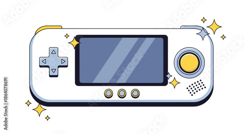 Handheld gaming device illustration with a central screen and various control buttons, surrounded by decorative stars and sparkles.