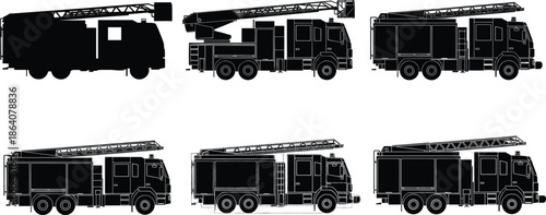 Fire truck silhouette vector set, ladder-equipped emergency vehicles, side view rescue icons, firefighting transport graphics, stock illustration for catalog